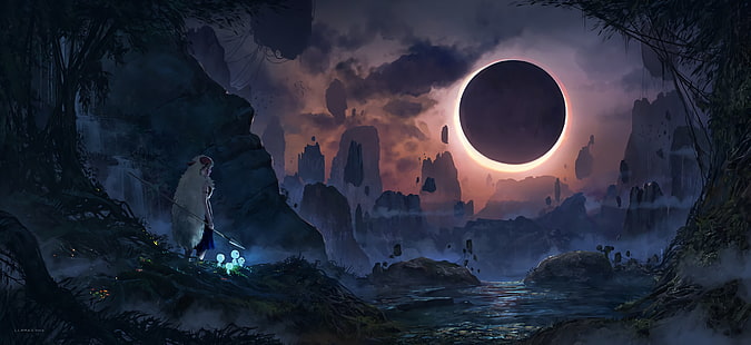 lunar eclipses, Princess Mononoke, Studio Ghibli, HD wallpaper HD wallpaper