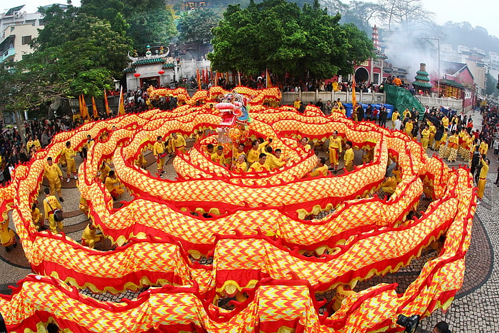 дракон, пролетен фестивал, оранжево, китайска нова година, HD тапет