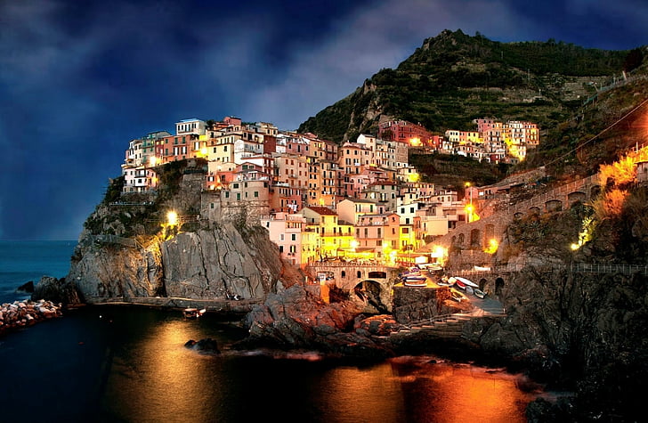 Ciudades, Amalfi, Casa, Italia, Luz, Manarola, Montaña, Noche, Roca, Salerno, Aldea, Fondo de pantalla HD