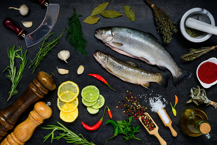 Speisen, Stillleben, Fisch, Kräuter, Meeresfrüchte, Gewürze, HD-Hintergrundbild