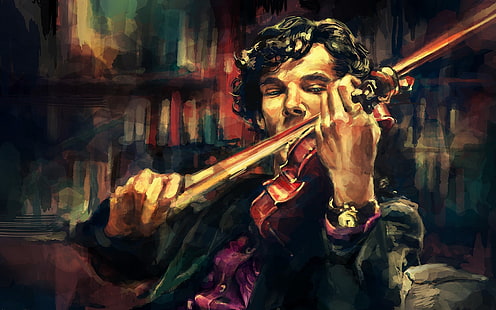 anime, Sherlock Holmes, Sherlock, Benedict Cumberbatch, alicexz, artwork, violin, HD wallpaper HD wallpaper