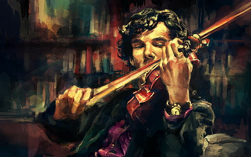 Sherlock, alicexz, Sherlock Holmes, Benedict Cumberbatch, anime, artwork, violin, HD wallpaper HD wallpaper