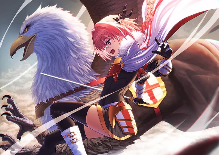 Astolfo (Fate/Apocrypha), Fate Series, pink hair, anime boys, Griffins, cape, thigh high socks, HD wallpaper
