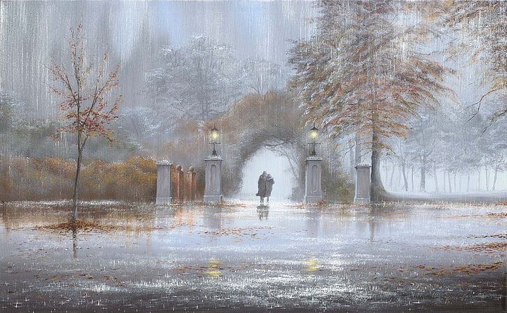 brown leafed trees painting, autumn, Park, rain, picture, lights, arch, two, Jeff Rowland, HD wallpaper