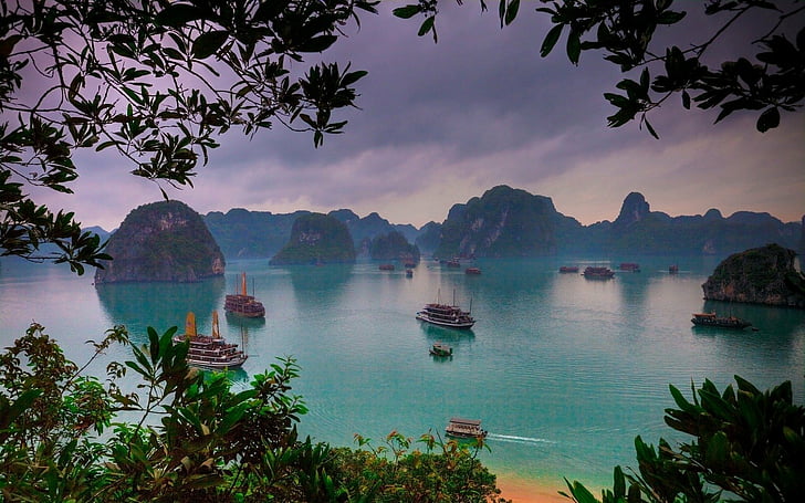 Fotografi, Hạ Long Bay, blå, båt, jord, Ha Long Bay, sten, hav, träd, turkos, Vietnam, HD tapet