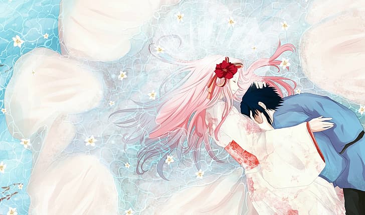 abrazos, kimono, en el agua, cabello rosado, ojos cerrados, Sasuke Uchiha, Sakura Haruno, Naruto Shippuden, flores blancas, el chico con la chica, Fondo de pantalla HD