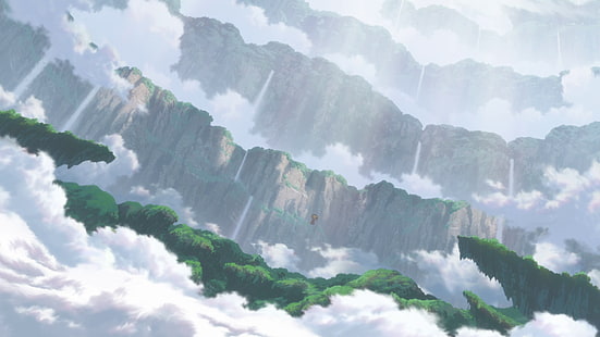 çevre, bulutlar, uçurum yapılan, anime, HD masaüstü duvar kağıdı HD wallpaper