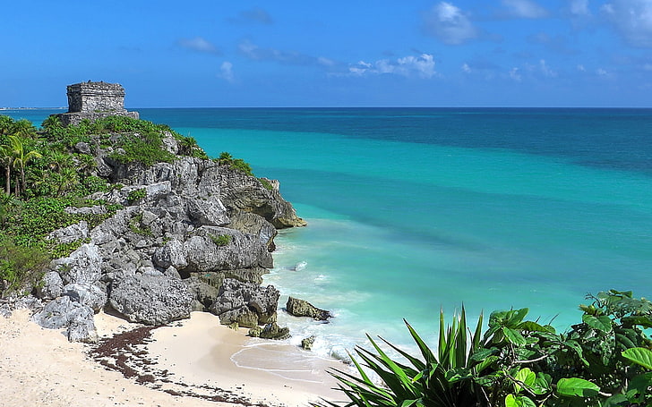 Blick auf Meer und Küste, Tulum, Maya (Zivilisation), Meer, Ruine, Strand, Küste, HD-Hintergrundbild