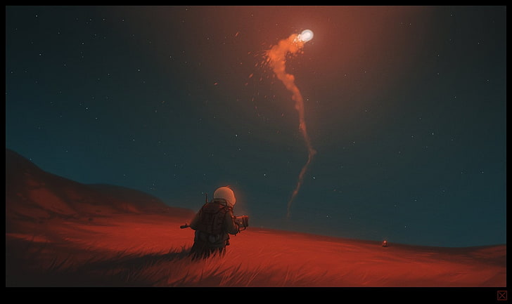 мультипликационный персонаж, глядя на огни на небе, красный, знак, оружие, HD обои
