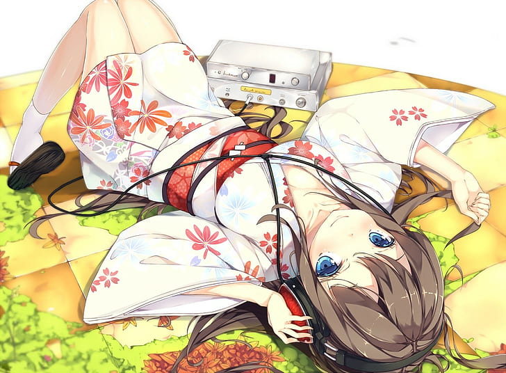 anime girls, cuffie, kimono, Sfondo HD