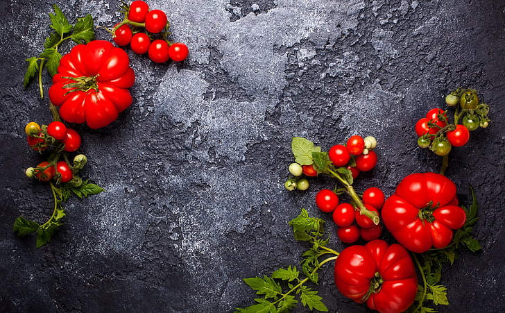 Fresh Red Tomatoes, cherry tomatoes, Food and Drink, Summer, Green, Garden, Black, Leaves, Fresh, organic, Food, Ripe, Bunch, healthy, tomatoes, vegetable, vegetarian, still life, cherrytomato, HD wallpaper