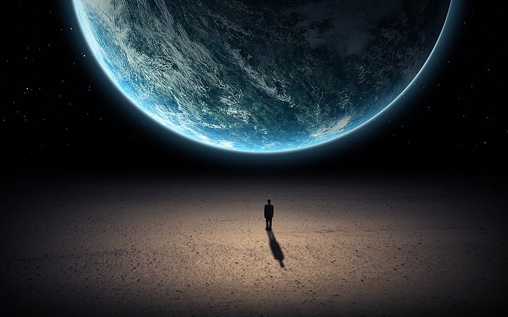 човек, стоящ близо до планетата тапет, свят, дигитално изкуство, Земя, стоящ, космос, измислен, сянка, космическо изкуство, HD тапет