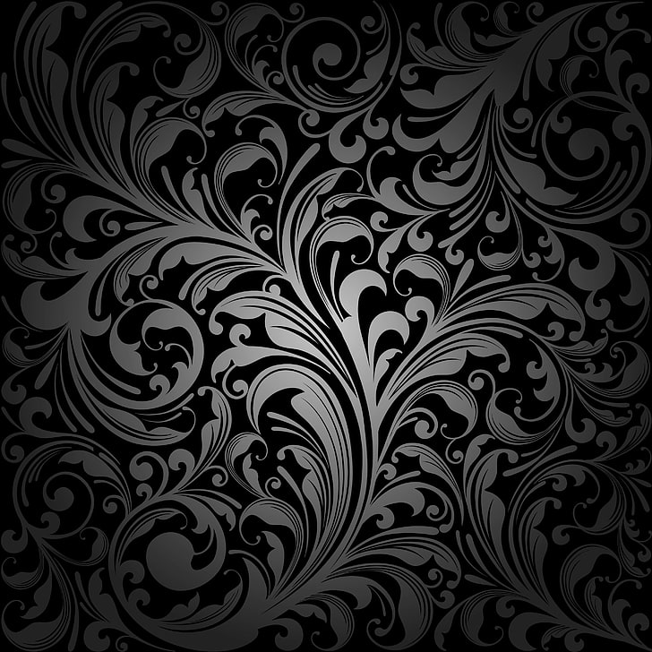 black and grey floral vector art, retro, pattern, vector, dark, black, ornament, vintage, texture, background, gradient, HD wallpaper
