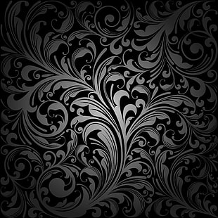 black and grey floral vector art, retro, pattern, vector, dark, black, ornament, vintage, texture, background, gradient, HD wallpaper HD wallpaper