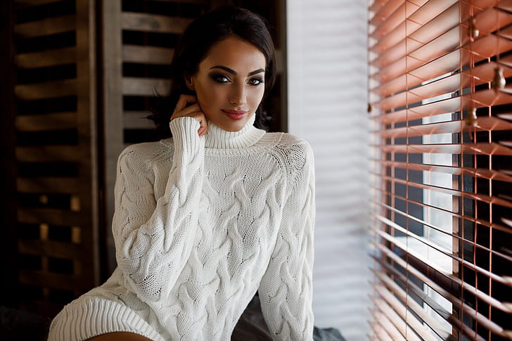 Alexander Sasin, wanita, sweter, sweter putih, Wallpaper HD