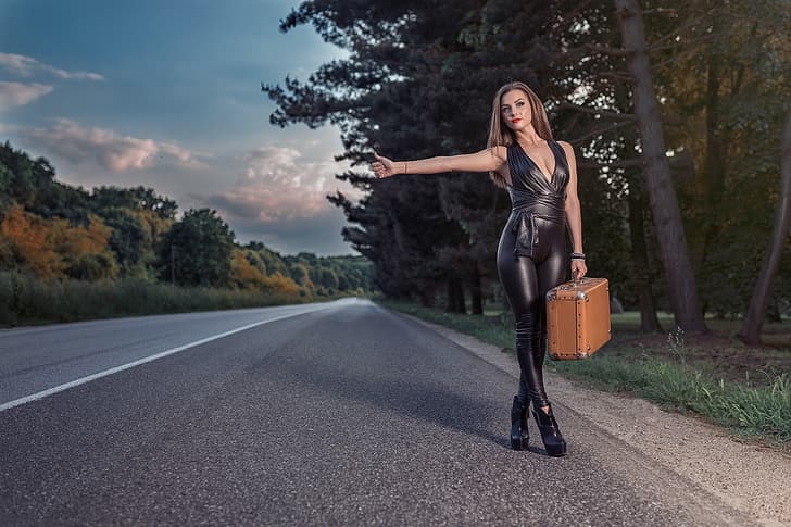 forest, girl, trees, nature, pose, makeup, figure, highway, hairstyle, costume, shoes, suitcase, brown hair, gesture, hitchhiking, vote, in black, sexy, on the road, Andrea Carretta, HD wallpaper