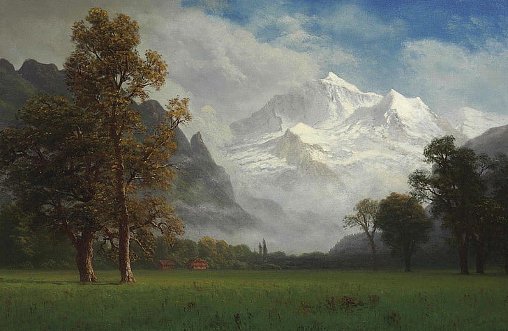 drzewa, krajobraz, góry, przyroda, obraz, Albert Bierstadt, Dziewica, Tapety HD