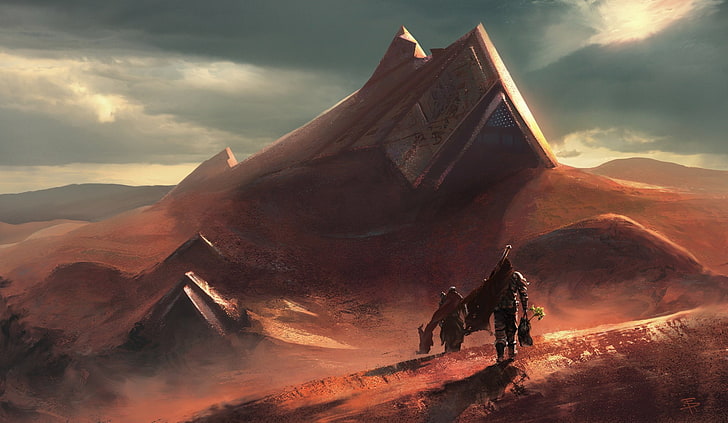 two man walking on desert digital wallpaper, artwork, fantasy art, concept art, desert, apocalyptic, HD wallpaper
