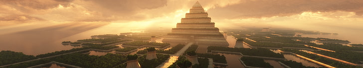 grauweißes Betongebäude, dreifacher Bildschirm, Landschaft, Pflanzen, Himmel, Wasser, Pyramide, Gebäude, HD-Hintergrundbild