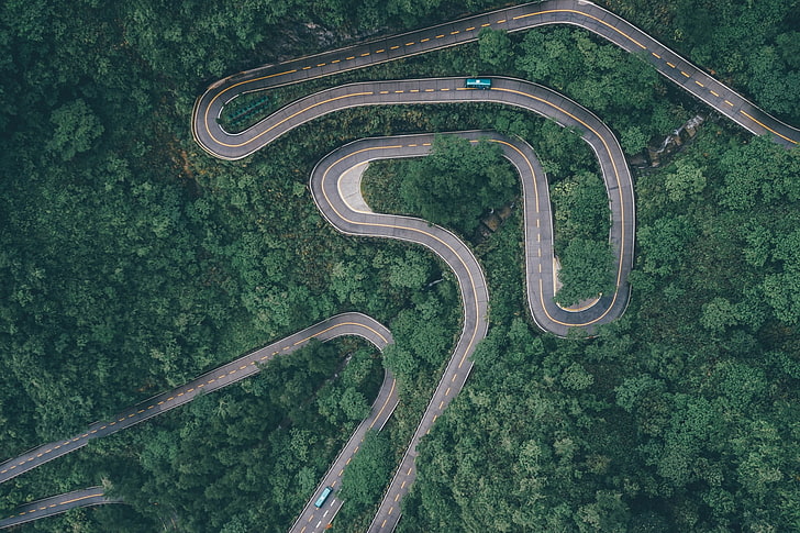 gray concrete road, nature, forest, road, car, buses, river, green, asphalt, highway, China, trees, hairpin turns, aerial view, HD wallpaper