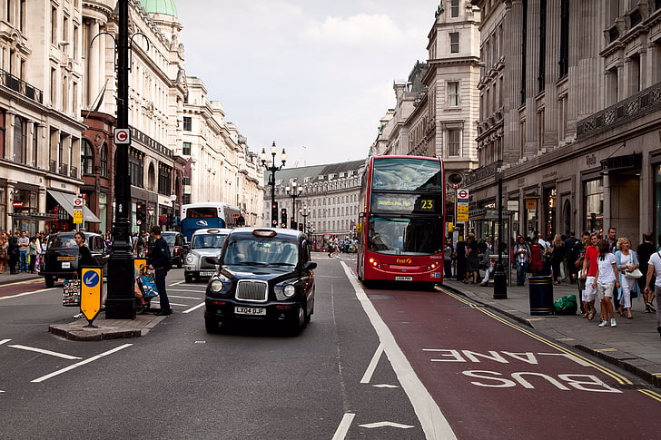 black vehicle, movement, people, street, London, building, bus, architecture, stop, England, buss stop, HD wallpaper