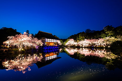 calm body of water, water, trees, landscape, nature, reflection, the evening, Japan, Sakura, Kyoto, gardens, The Heian Shrine, HD wallpaper HD wallpaper