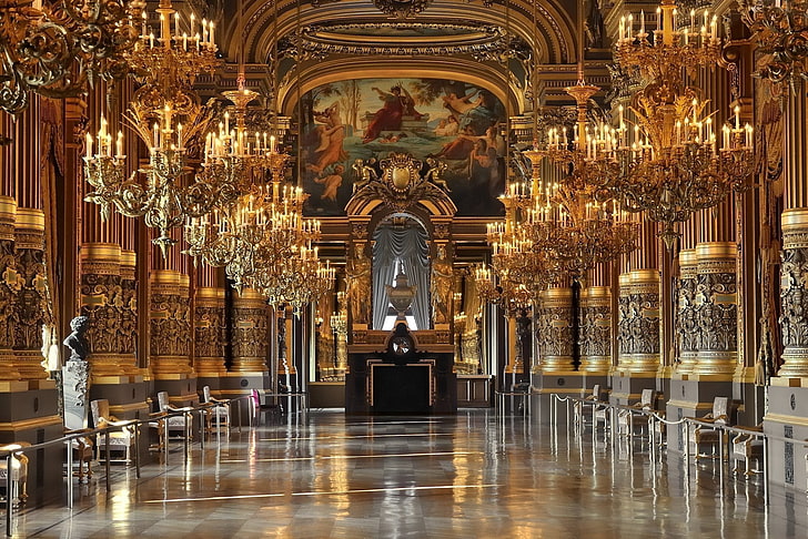 gold chandelier lot, architecture, Buckingham Palace, interior, chandeliers, palace, HD wallpaper