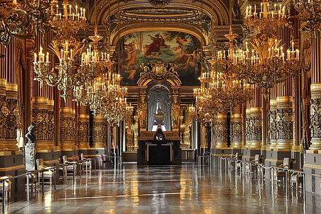 gold chandelier lot, architecture, Buckingham Palace, interior, chandeliers, palace, HD wallpaper HD wallpaper