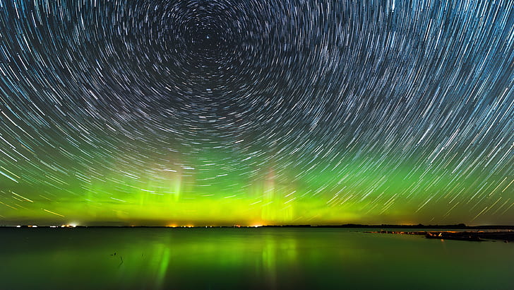 stjärnleder, polarljus, grön, natthimmel, norrsken, aurora borealis, natt, landskap, stjärnklart, horisont, lång exponering, HD tapet