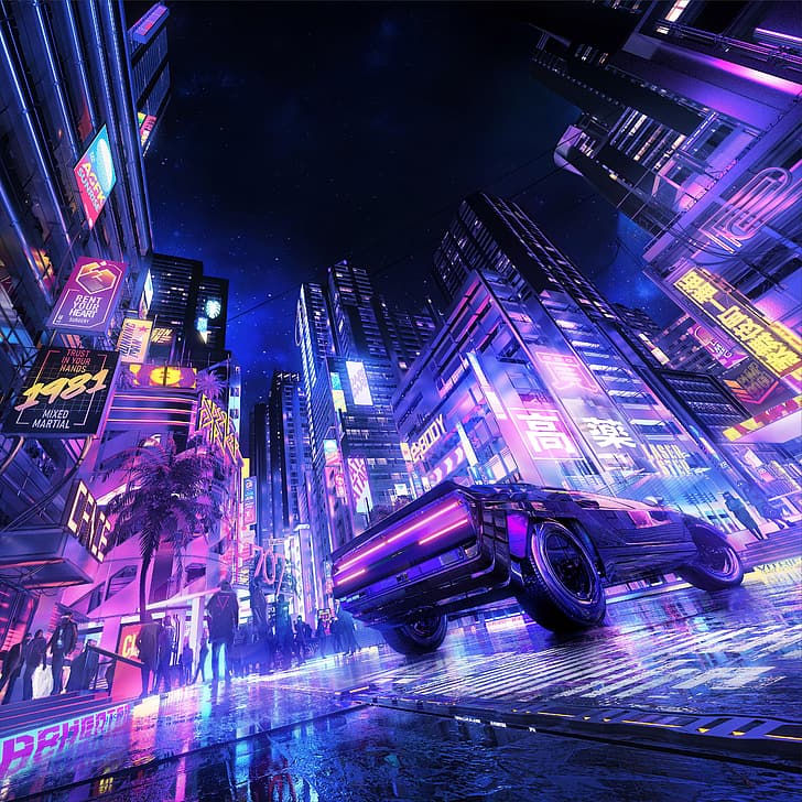 cyberpunk, neon, night, car, HD wallpaper