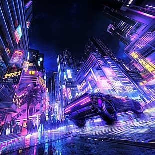 cyberpunk, neon, natt, bil, HD tapet HD wallpaper
