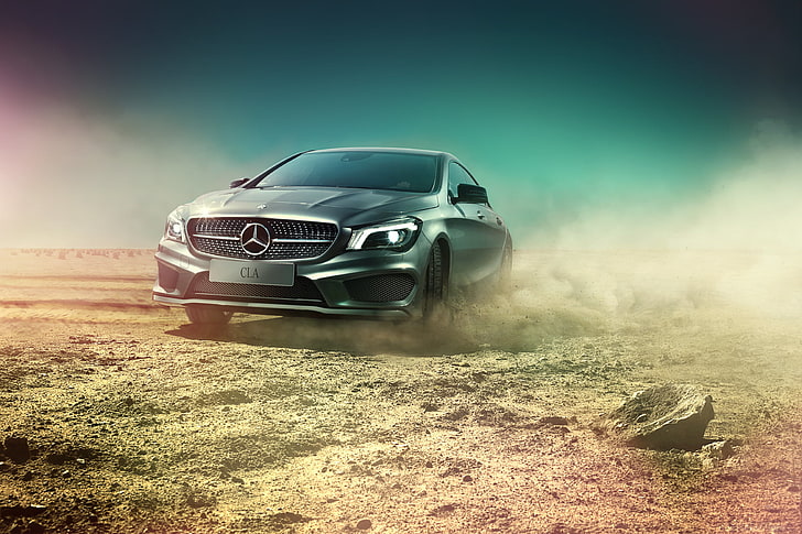 gray Mercedes-Benz car, desert, Mercedes-Benz, dust, skid, AMG, silvery, CLA, CLA-class, C117, HD wallpaper
