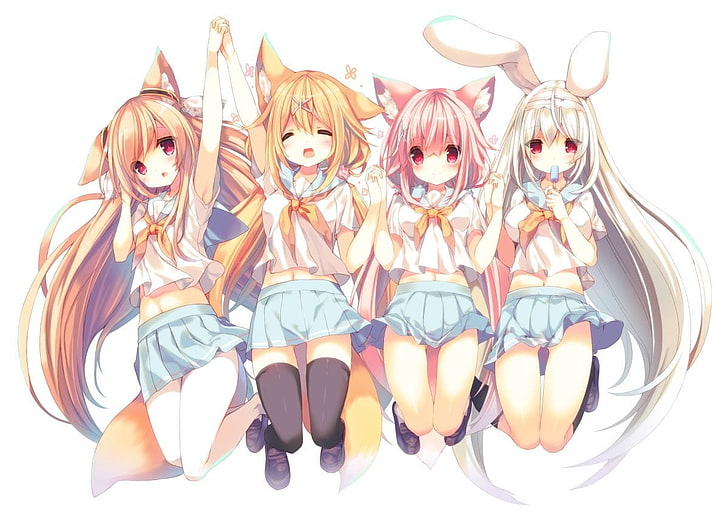 فتيات الأنمي ، فتاة الثعلب ، kitsunemimi ، فتاة الأرنب ، الفخذين ، آذان الحيوانات، خلفية HD