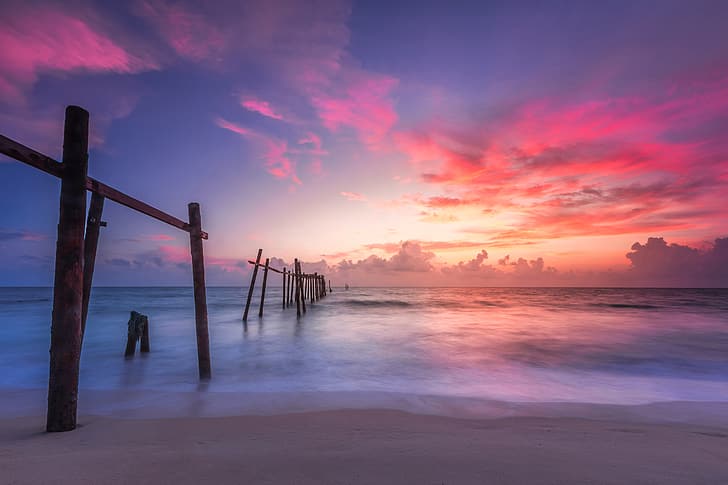 sand, sea, wave, beach, summer, sunset, pink, seascape, beautiful, purple, HD wallpaper