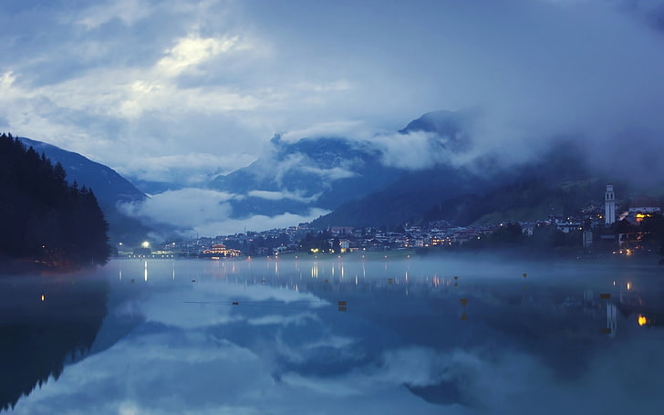 lake and mountains, landscape, blue, lake, nature, mist, clouds, mountains, city, lights, water, reflection, evening, calm, valley, HD wallpaper