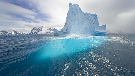 gunung es, samudra arktik, samudra, gletser, laut, air, es, es di kutub, tutup es, arktik, ombak, pencairan, langit, Wallpaper HD HD wallpaper