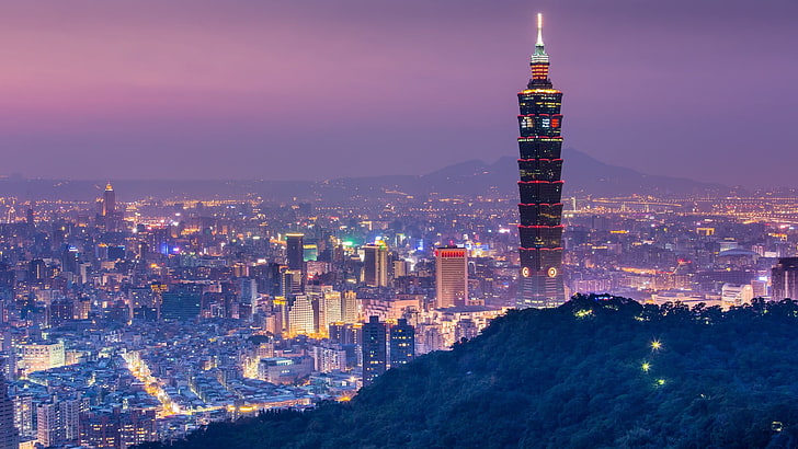 Черная бетонная башня и городские здания, город, Тайвань, Тайбэй, Тайбэй 101, городской пейзаж, HD обои