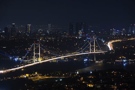 cityscape ، مدينة ، اسطنبول ، جسر البوسفور ، أضواء المدينة ، مسارات الضوء، خلفية HD HD wallpaper