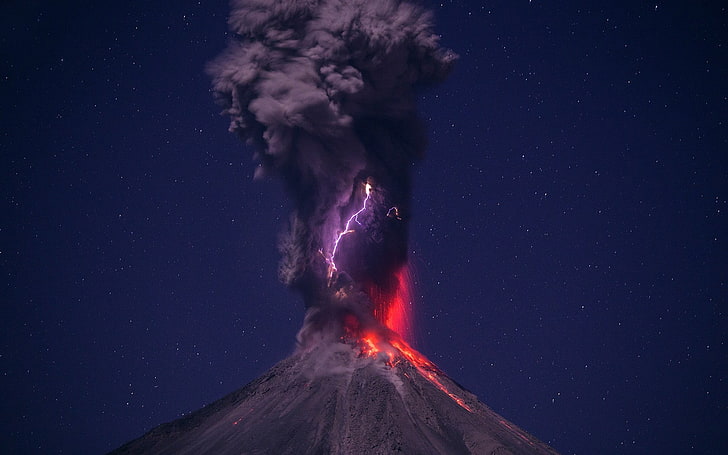 извержение вулкана фото, вулкан, пейзаж, облака, молния, HD обои