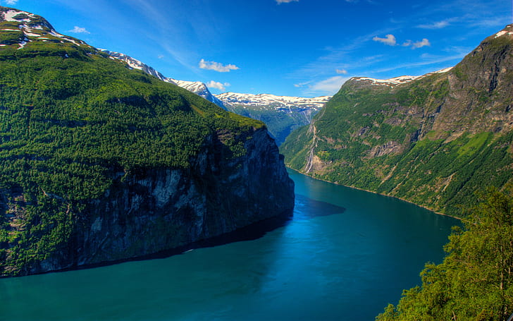 montañas, bosque, fiordo, Noruega, Geiranger, Geirangerfjord, Fondo de pantalla HD