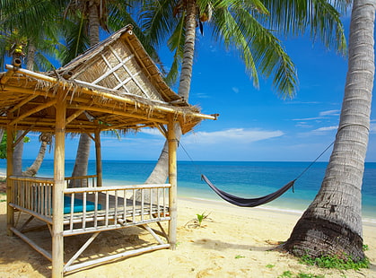 Гамак на пляже, черный гамак, путешествия, острова, пляж, гамак, HD обои HD wallpaper