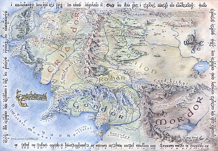 map chart illustration, The Lord Of The Rings, Gondor, John Ronald Reuel Tolkien, Christopher Tolkien, Angmar, Arnor, Lorien, A map of Middle-Earth, Rohan, The Shire, Arda, Moriya, elven runes, Quenta Silmarillion, Mordor, map of middle earth, Moria, HD wallpaper HD wallpaper