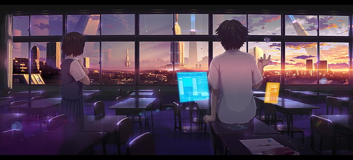 black haired male anime character, two anime characters facing window during daytime, science fiction, computer, anime girls, anime boys, cityscape, classroom, HD wallpaper