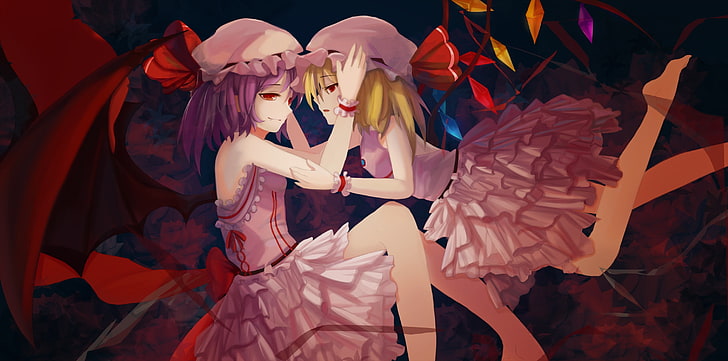 Touhou, Flandre Scarlet, Remilia Scarlet, Anime Mädchen, Flügel, rote Augen, Anime, HD-Hintergrundbild