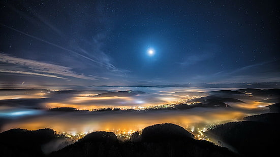 ночь, небо, луна, звезда, город, долина, гора, мир, 1920x1080, HD обои HD wallpaper