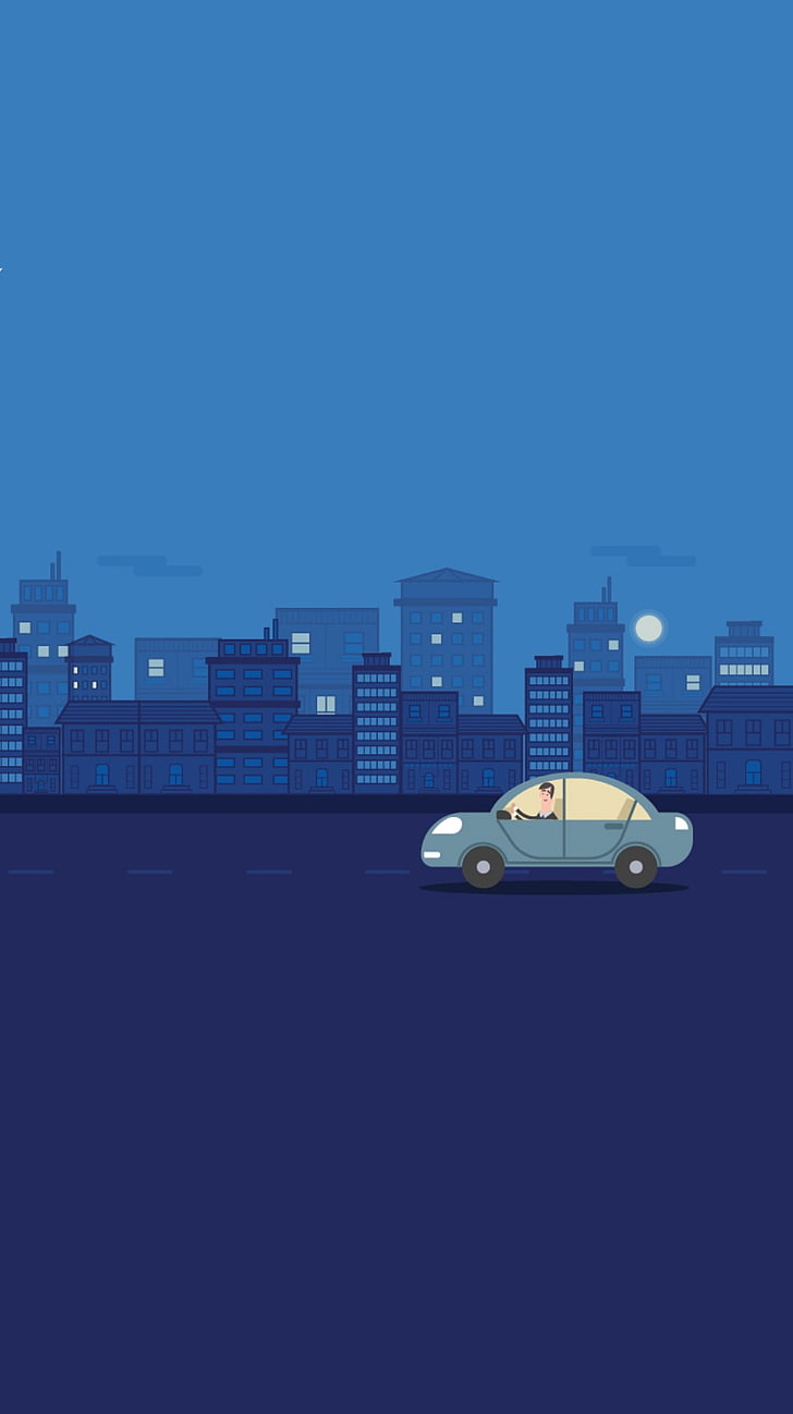voiture bleue et illustration de bâtiments, matériel minimal, Fond d'écran HD, fond d'écran de téléphone