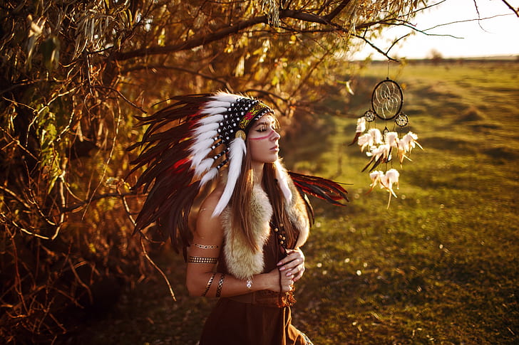Women, Native American, Dreamcatcher, Feather, Girl, Headband, Model, Redhead, Woman, HD wallpaper