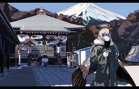 焦 茶, animeflickor, ängel, vingar, helgedom, bergstopp, vit, Japan, HD tapet HD wallpaper