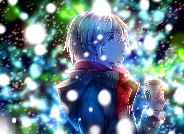 аниме мальчик, вид в профиль, красный шарф, зима, снег, кофе, аниме, HD обои