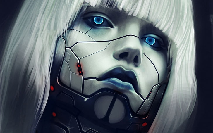 ilustração de robô de cabelos brancos, olhos azuis, cyberpunk, cyborg, robô, HD papel de parede